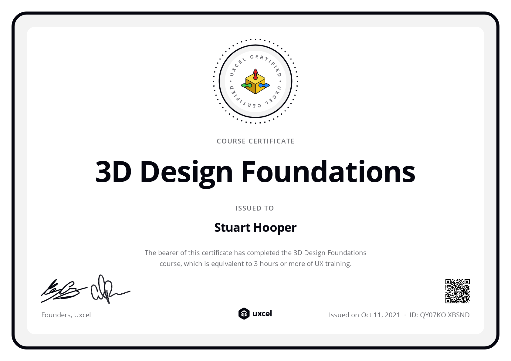 Stuart Hooper's certificate